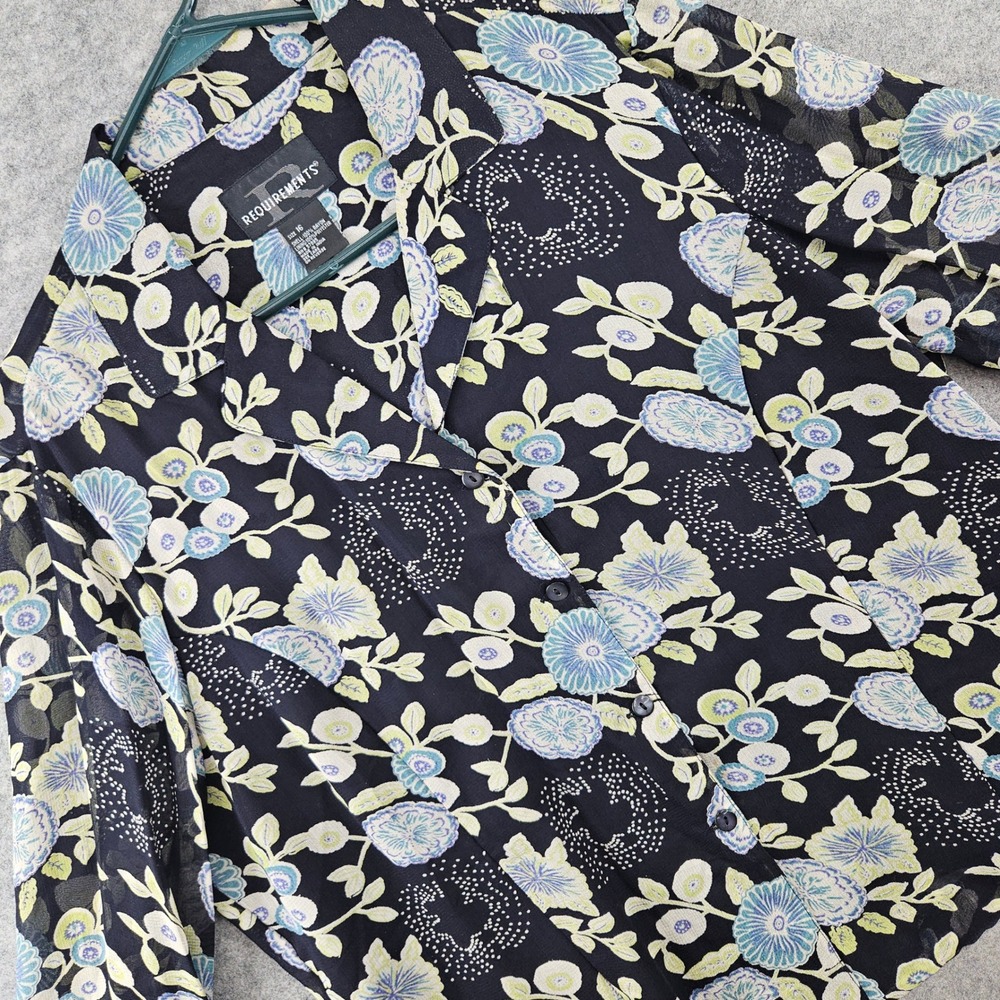 Requirements Blouse Womens 16 Black Floral Rayon Ruffle Cuff Button Front Shirt